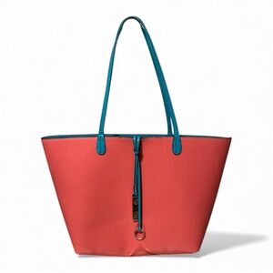 Turquoise & Coral Reversible Tote Bag Vegan Leather w/ Gold Accents